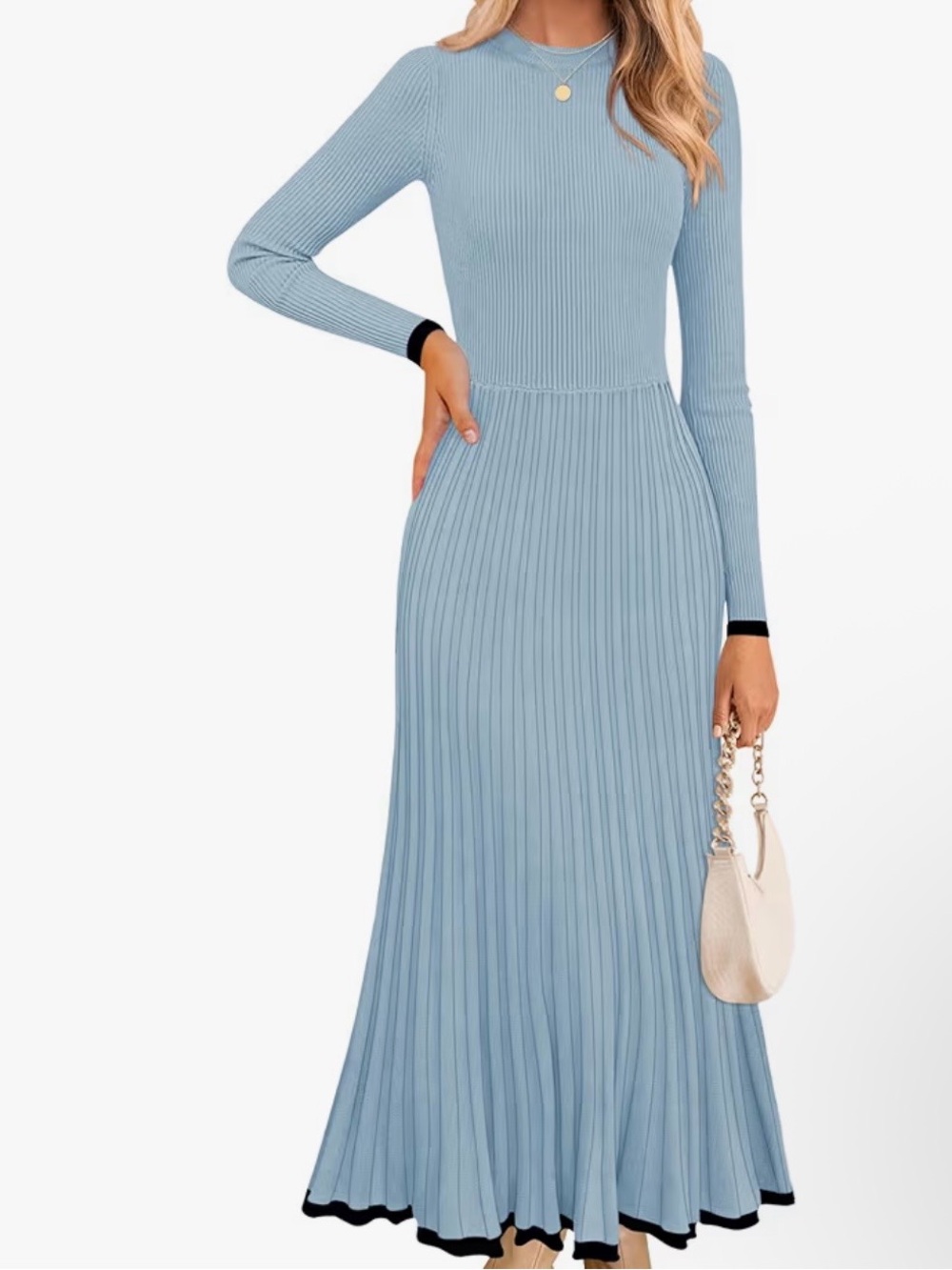 Light Blue Ribbed Pleated Maxi Dress with Long Sleeves